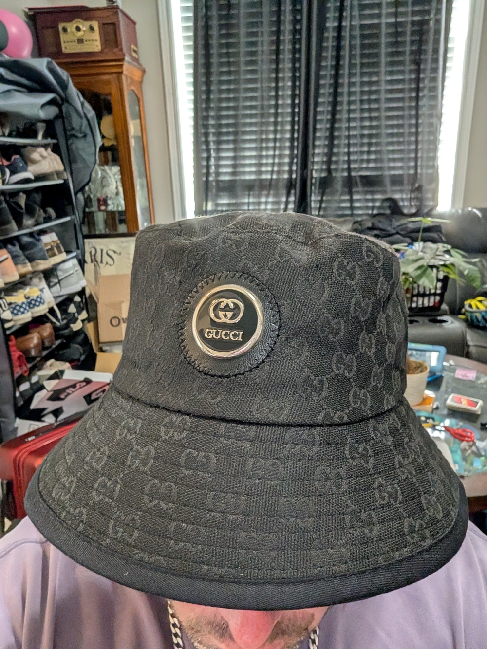 Gucci Black GG Monogram Bucket Hat with Metal Logo
